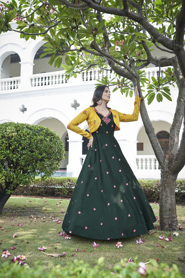Buy Green Cotton Embroidered Party Wear Flare Gown With Koti Online