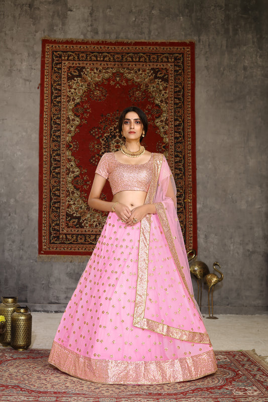 Pink NET Thread with sequince embroidered work Lehenga Choli