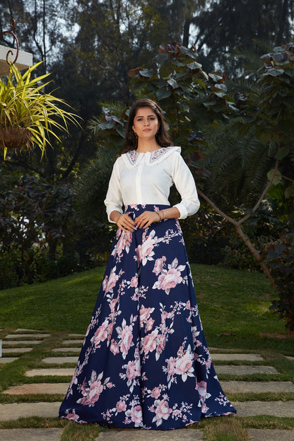 Cotton navy blue Skirt & white Top Embroidered Work