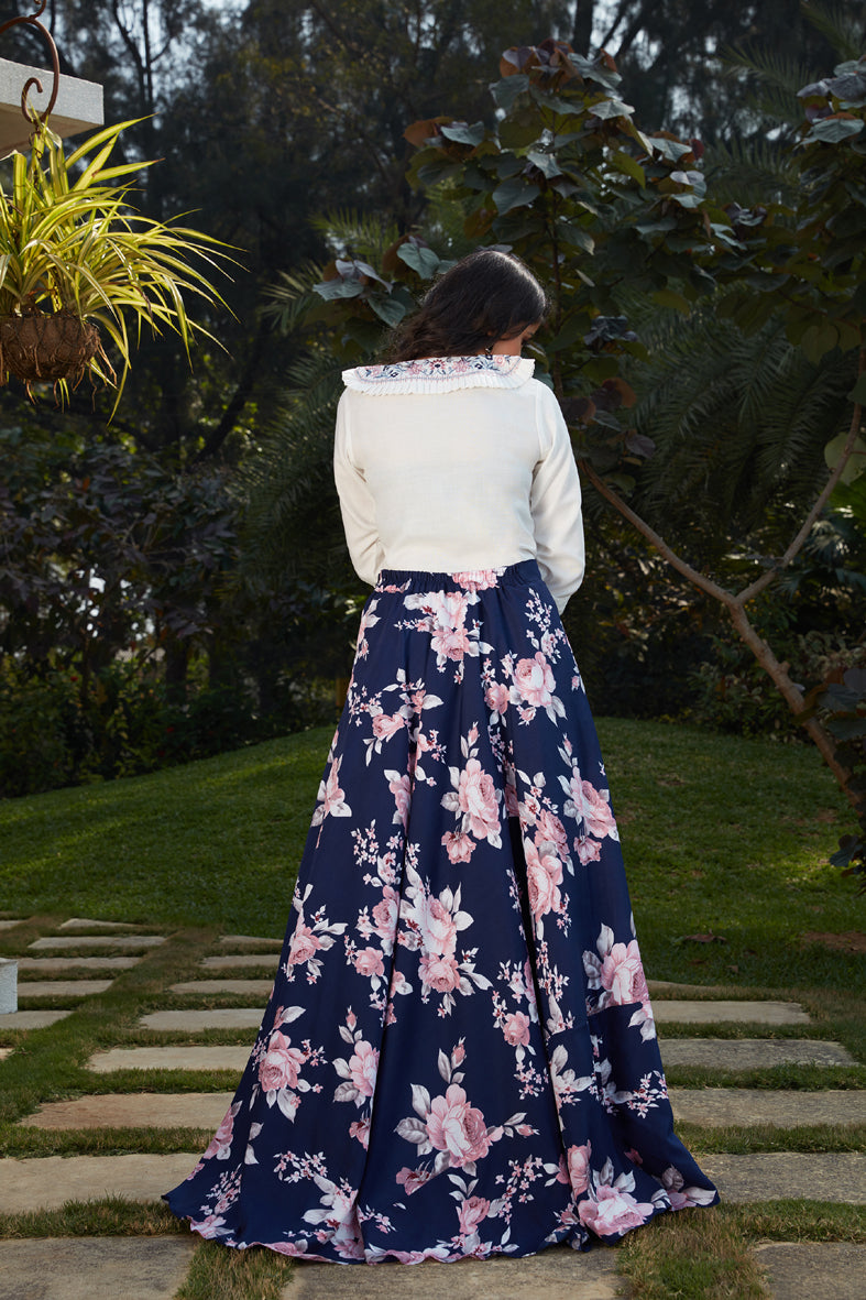 Cotton navy blue Skirt & white Top Embroidered Work