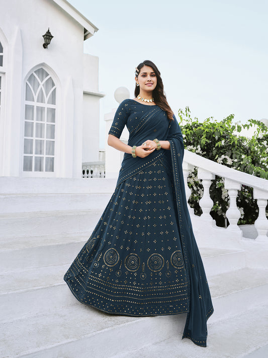 Teal Blue Georgette Thread with sequince embroidered work Lehenga Choli
