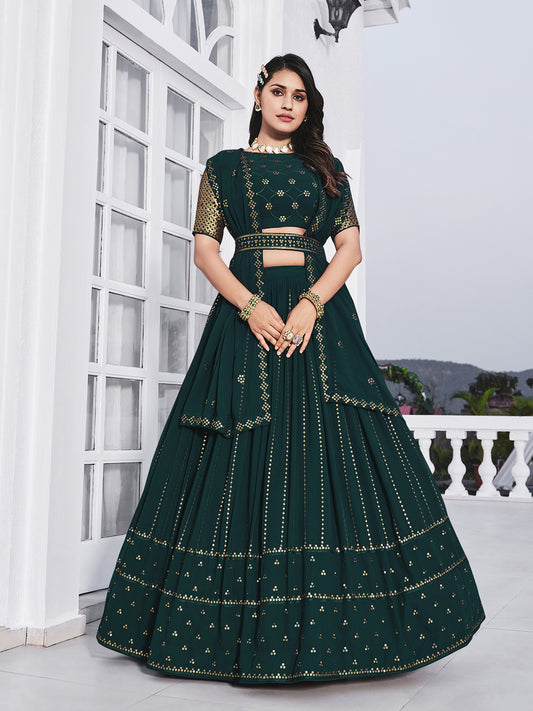 Teal Green  Georgette Thread with sequince embroidered work Lehenga Choli With Embroidered Belt