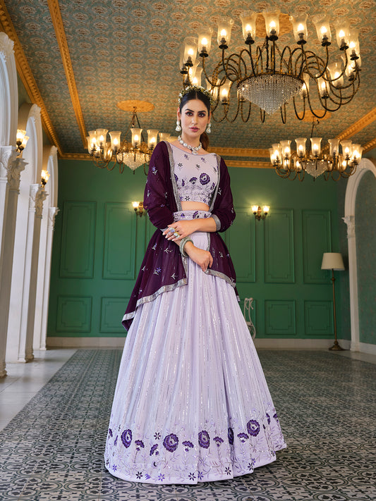 Lovender Georgette Thread with sequince embroidered work Lehenga Choli With Embroidered Lovender belt