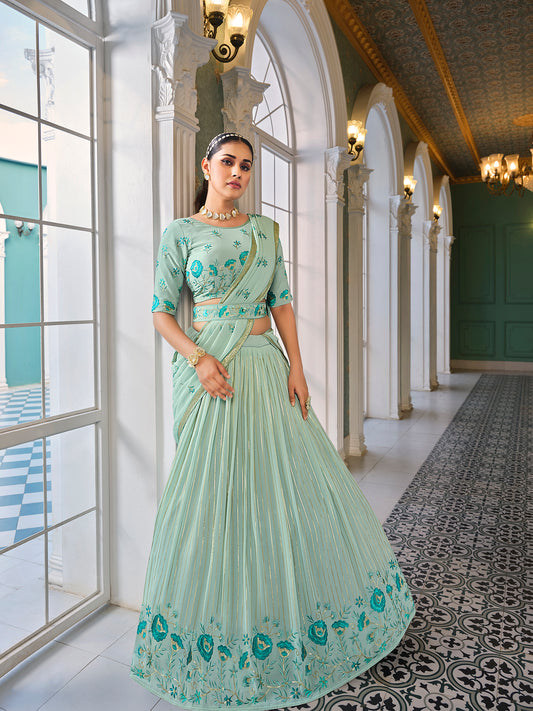 Pista Green  Georgette Thread with sequince embroidered work Lehenga Choli With Embroidered Pista Green Belt