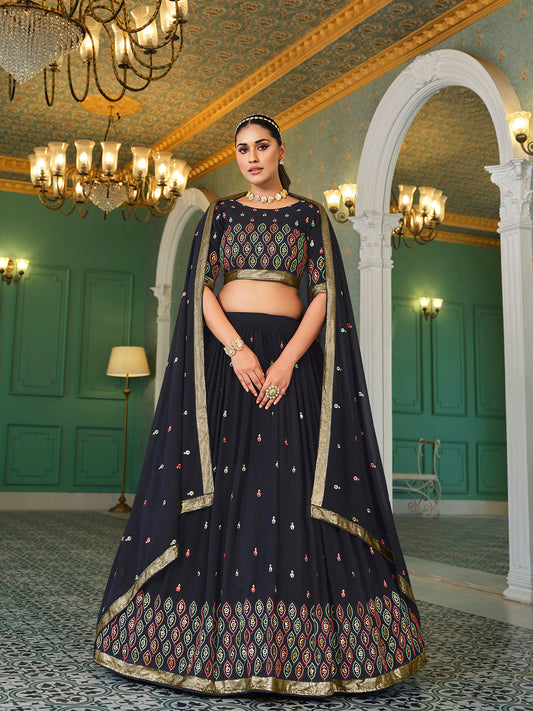 Navy Blue Georgette Thread with sequince embroidered work Lehenga Choli