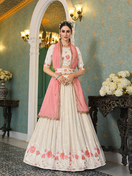 Pearl White Georgette Thread with sequince embroidered work Lehenga Choli With Embroidered Pearl White Belt