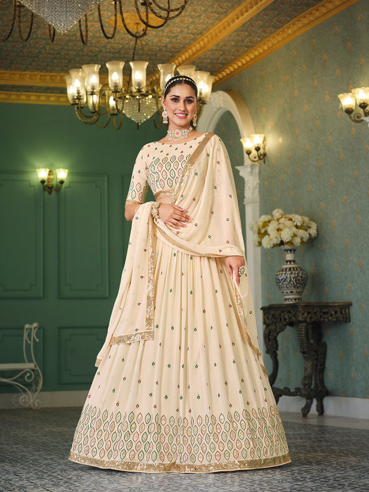 Beige Georgette Thread with sequince embroidered work Lehenga Choli