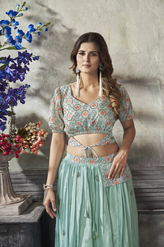 Art Silk Sea Green Skirt & Sea green Top Print With Sequince Embroidered Work