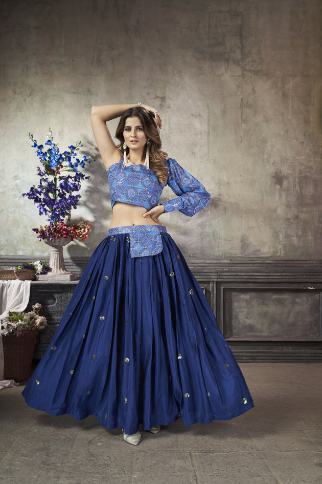Art Silk Royal Blue Skirt & Royal Blue Top Print With Sequince Embroidered Work