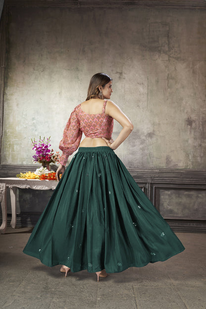 Art Silk Green Skirt & Pink Top Print With Sequince Embroidered Work