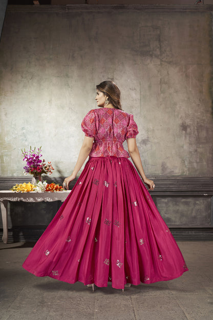 Art Silk Deep Pink Skirt & Deep Pink Top Print With Sequince Embroidered Work