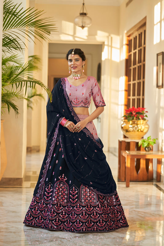 Dustypink-Navy Art Silk Thread and Sequince Embroidered with mirror work  Lehenga Choli