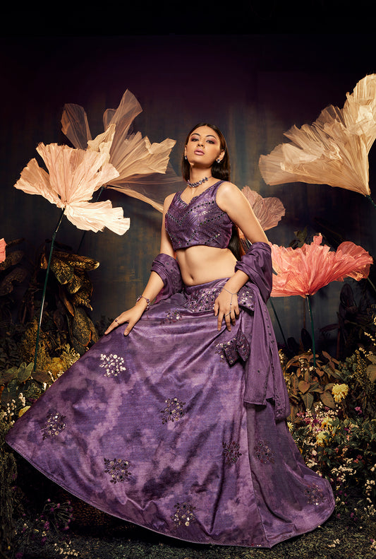 Purple Velvet Sibburi print with sequince embroidery and mirror work Lehenga Choli