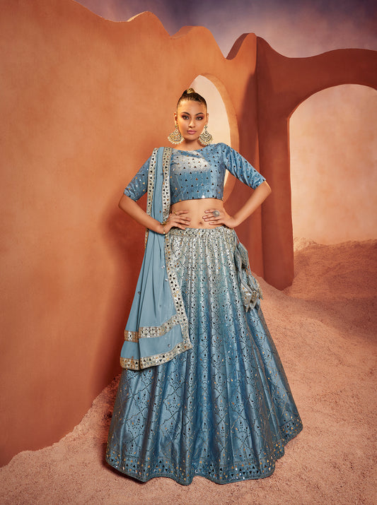 Dusty Sky Velvet Sequince Embroidered with all over mirror work Lehenga Choli