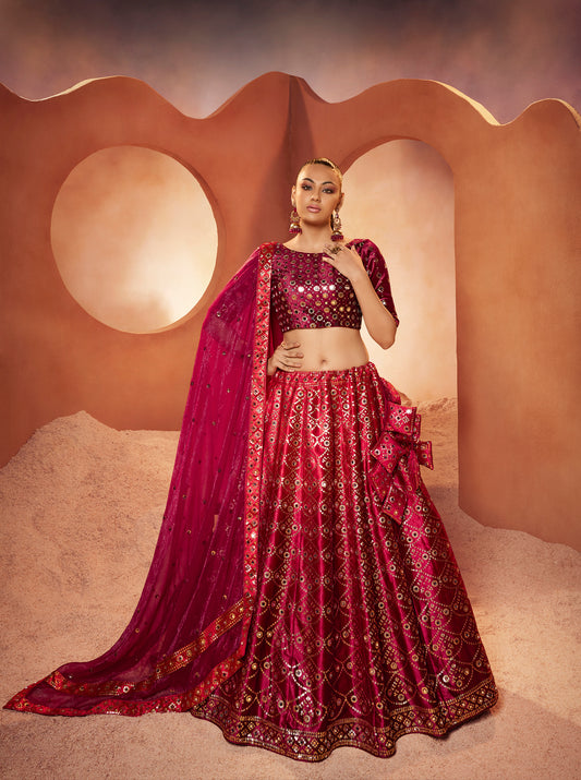 Magenta Velvet Sequince Embroidered with all over mirror work Lehenga Choli