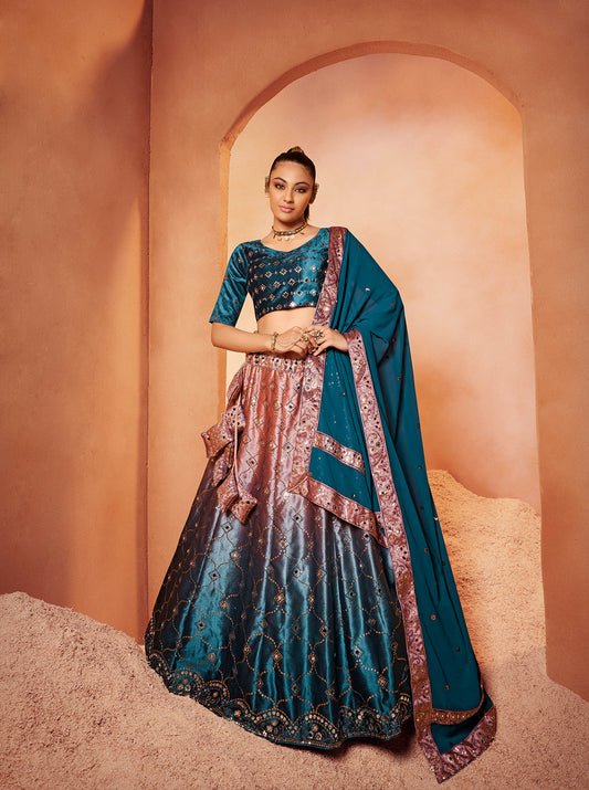 Teal Blue Velvet Sequince Embroidered with all over mirror work Lehenga Choli