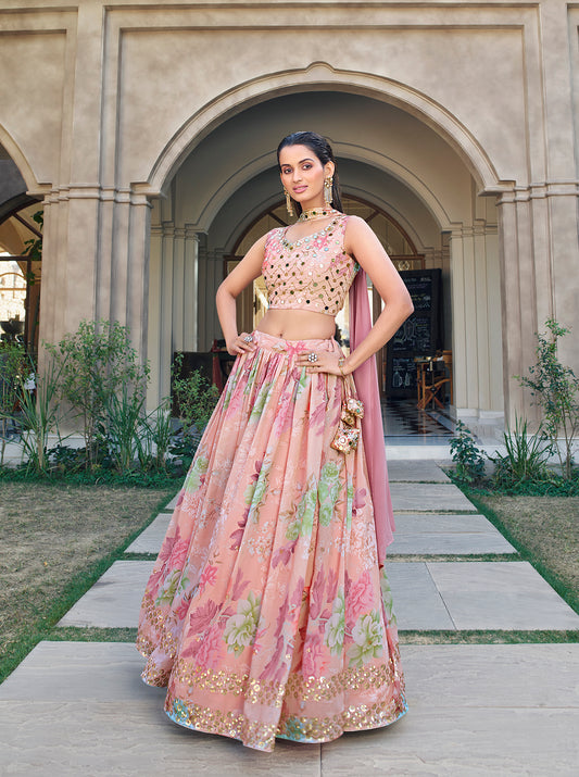 Pink Georgette Print With sequince Embroidered Work Lehenga Choli