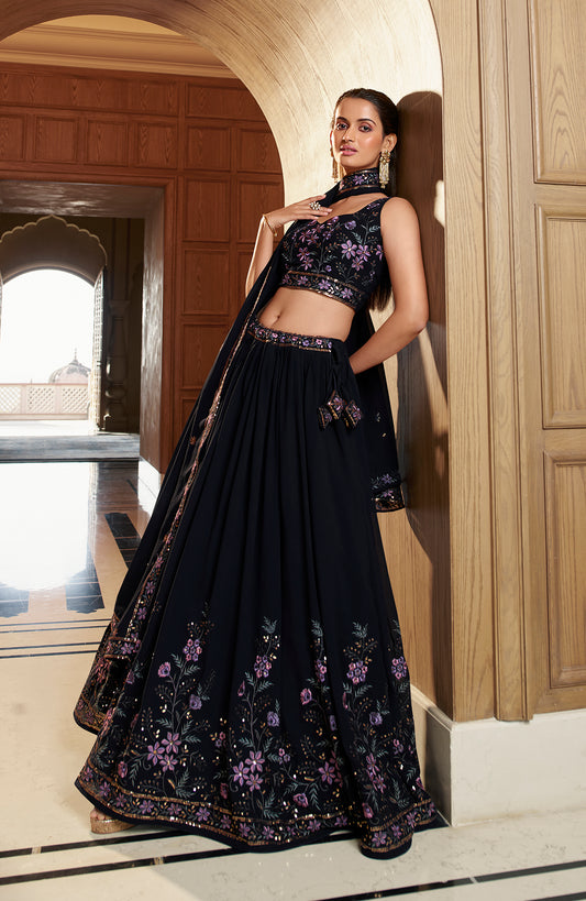 Navy Georgette Thread With Sequince Embroidered Work Lehenga Choli