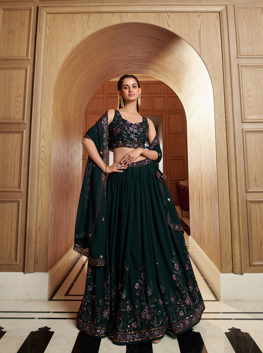 Green Georgette Thread With Sequince Embroidered Work Lehenga Choli