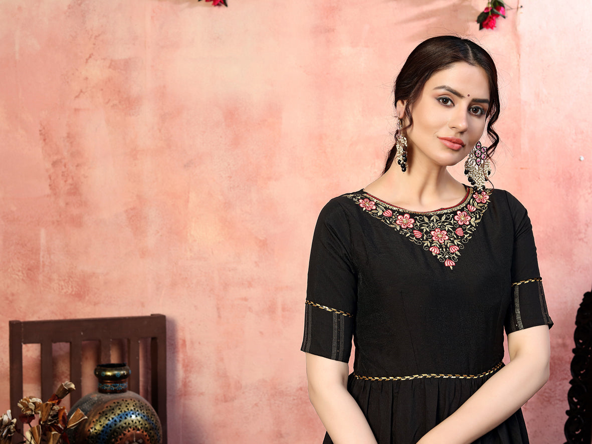 Black silk thread with zari lining sequince embroidered Anarkali Long Gown