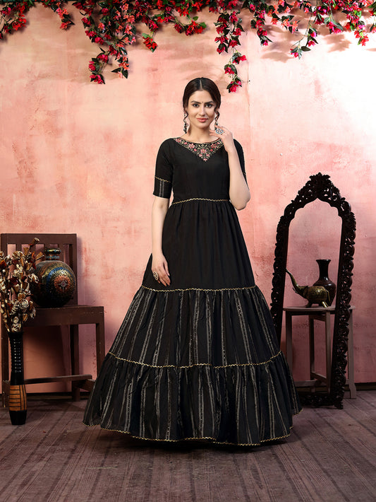 Black silk thread with zari lining sequince embroidered Anarkali Long Gown