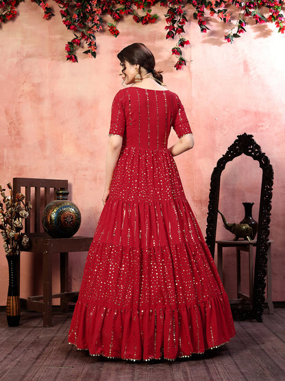 Red  georgette fancy golden sequins Anarkali Long Gown