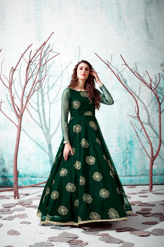 Green net metalic foil work Anarkali Long Gown