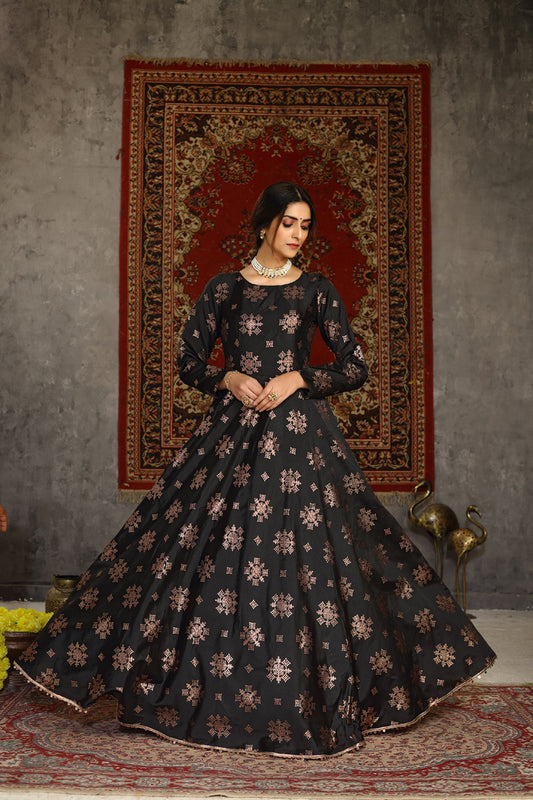 Black taffeta metalic foil work Anarkali Long Gown