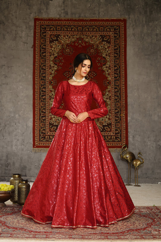 Red taffeta metalic foil work Anarkali Long Gown