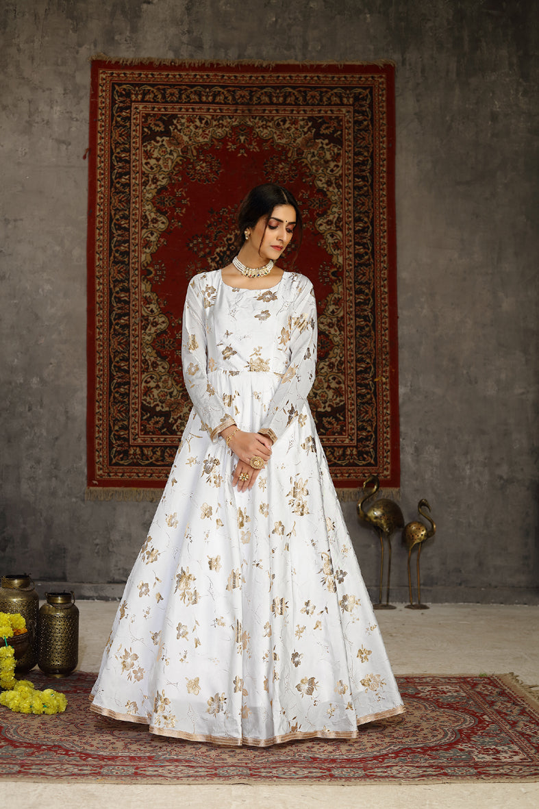 White taffeta metalic foil work Anarkali Long Gown