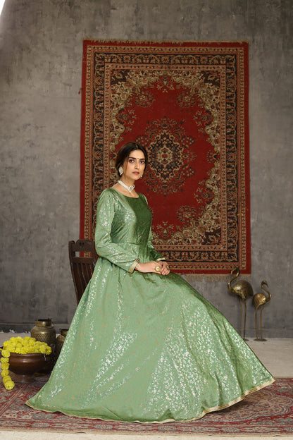 Pista green taffeta metalic foil work Anarkali Long Gown