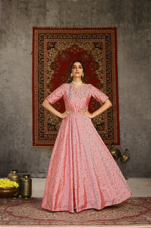 Pink taffeta metalic foil work Anarkali Long Gown