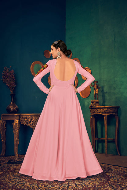 Pink georgette embroidered work with real mirror and pearl work with waist belt Anarkali Long Gown