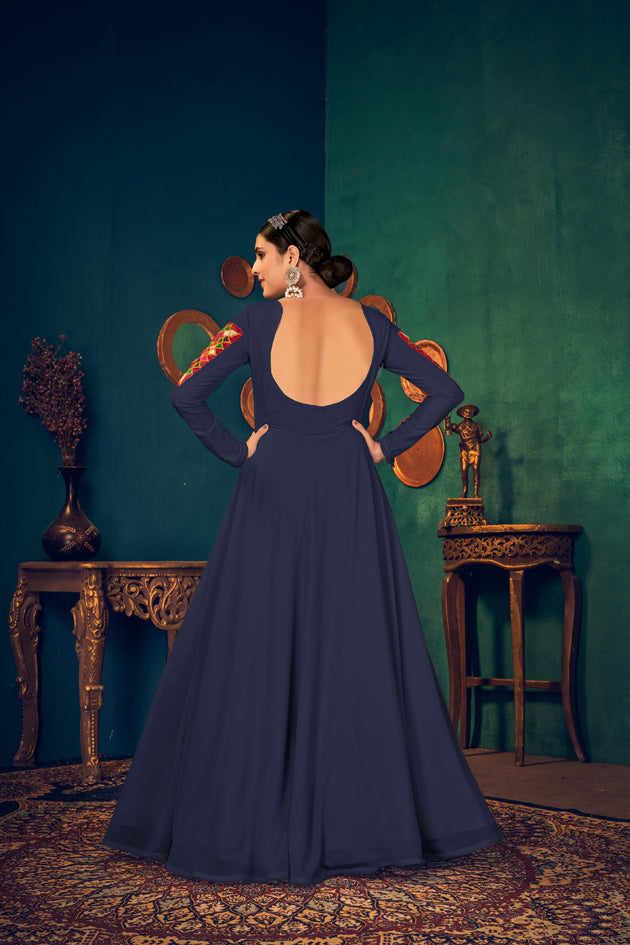 Blue georgette embroidered work with real mirror and pearl work with waist belt Anarkali Long Gown