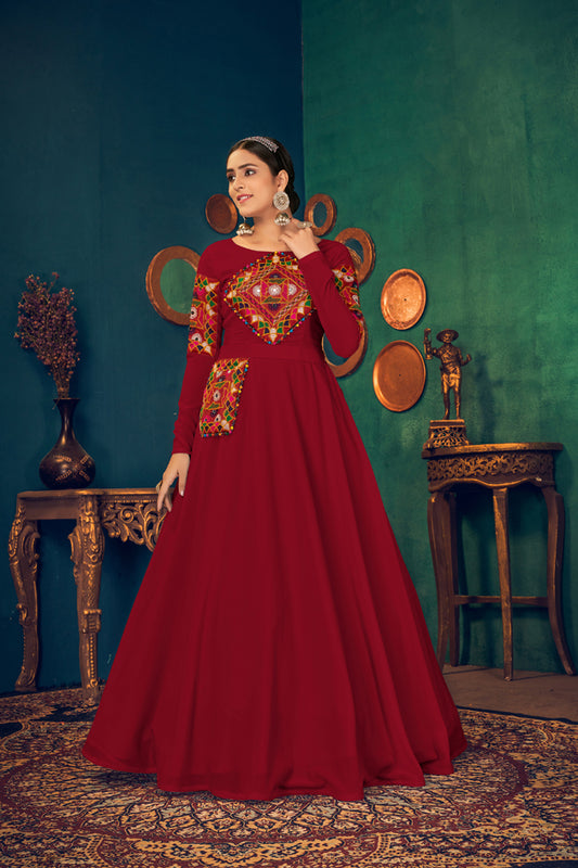 Cherry red georgette embroidered work with real mirror and pearl work with waist belt Anarkali Long Gown