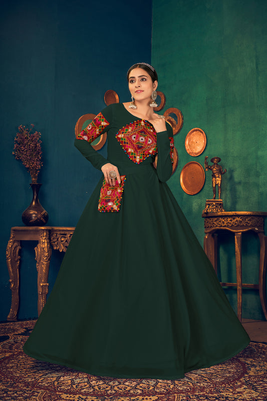 Green georgette embroidered work with real mirror and pearl work with waist belt Anarkali Long Gown