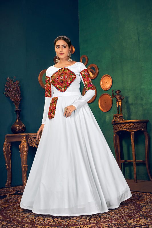 White georgette embroidered work with real mirror and pearl work with waist belt Anarkali Long Gown