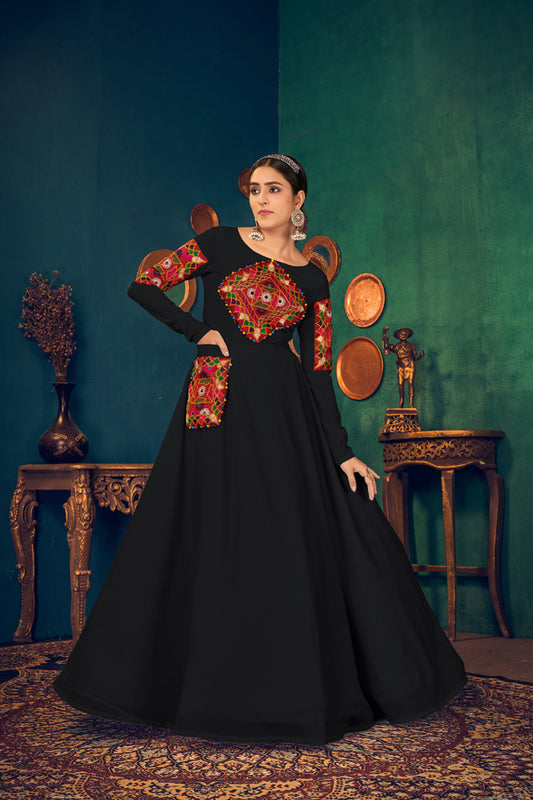 Black georgette embroidered work with real mirror and pearl work with waist belt Anarkali Long Gown