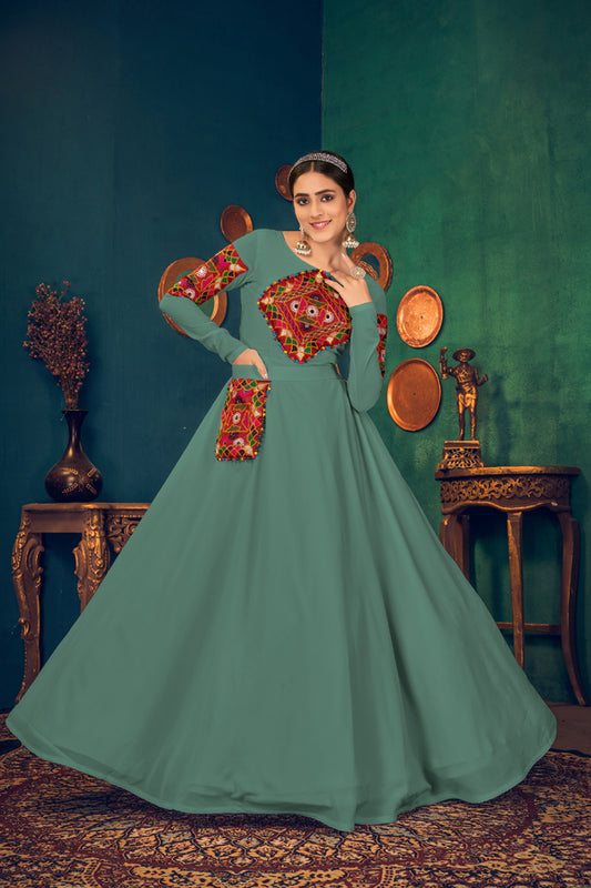 Pista green georgette embroidered work with real mirror and pearl work with waist belt Anarkali Long Gown