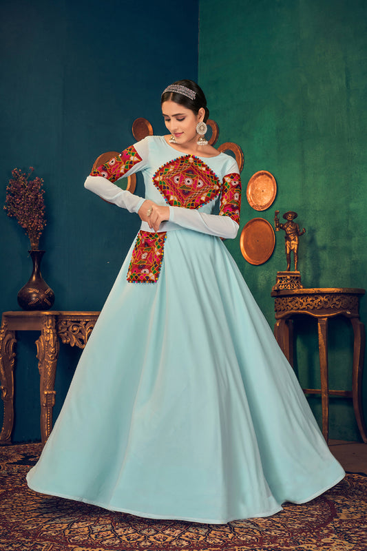 Sky georgette embroidered work with real mirror and pearl work with waist belt Anarkali Long Gown