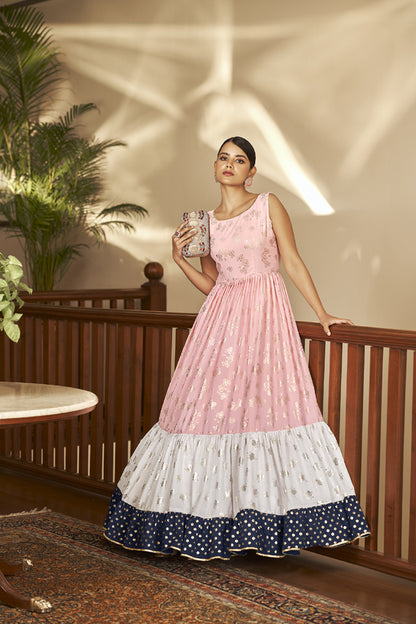 Multi Color pink Georgette metalic foil work Designer Gown