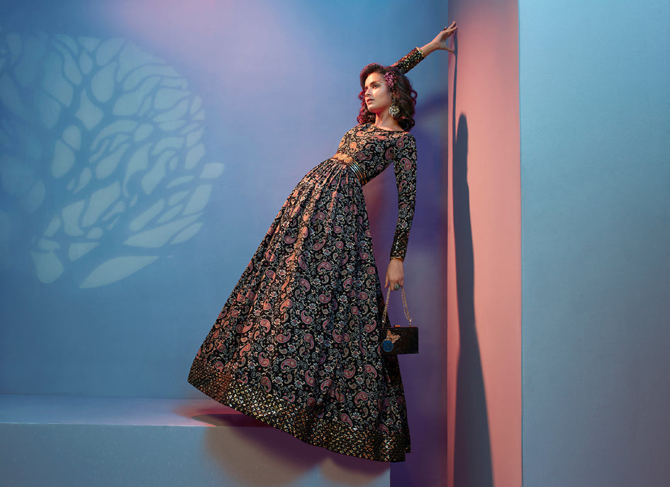 Black natural crepe print with sequince embroidered work Anarkali Long Gown