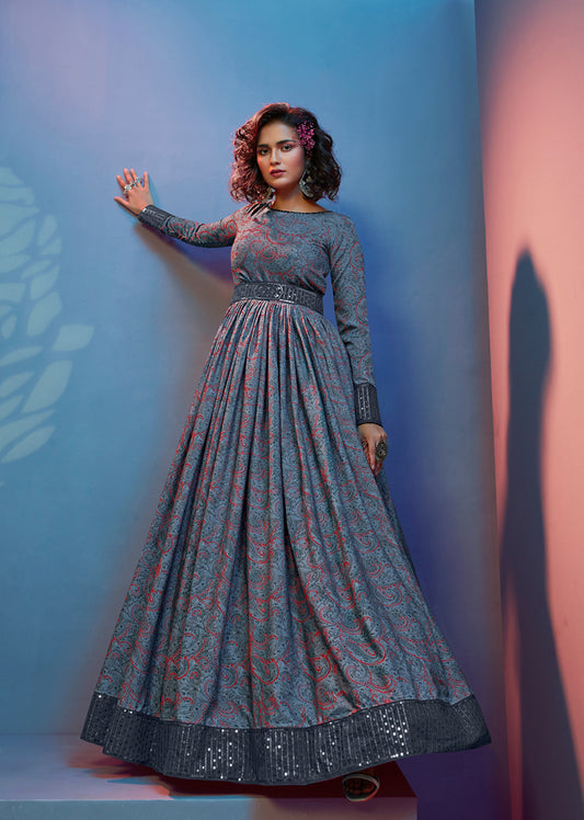 Grey natural crepe print with sequince embroidered work Anarkali Long Gown