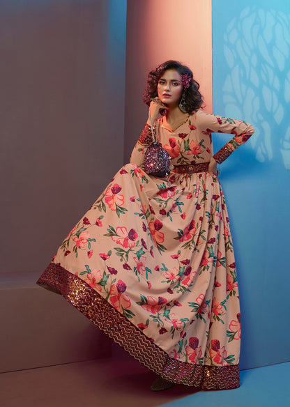 Peach natural crepe print with sequince embroidered work Anarkali Long Gown