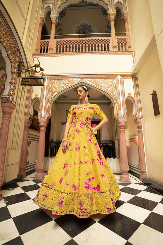 Yellow cotton shibori print with sequince embroidered work Gown