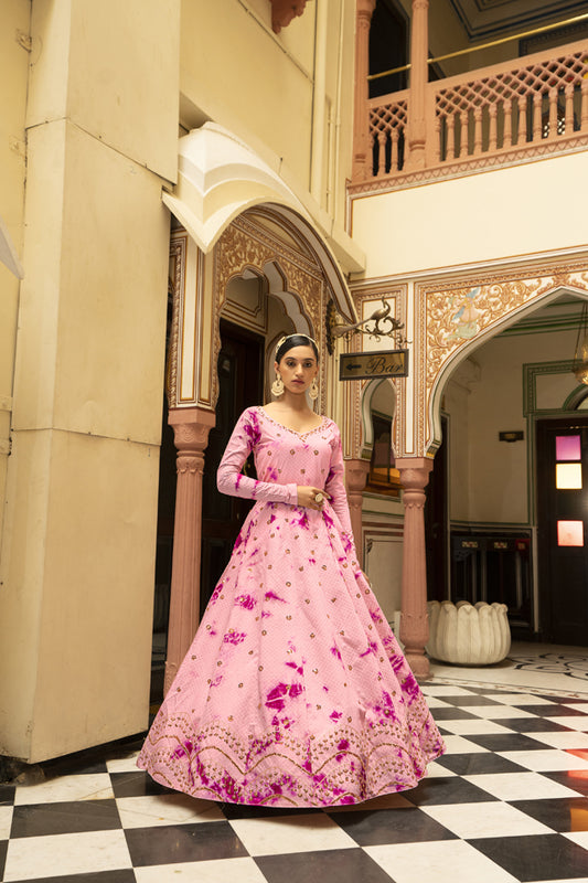 Pink cotton shibori print with sequince embroidered work Gown