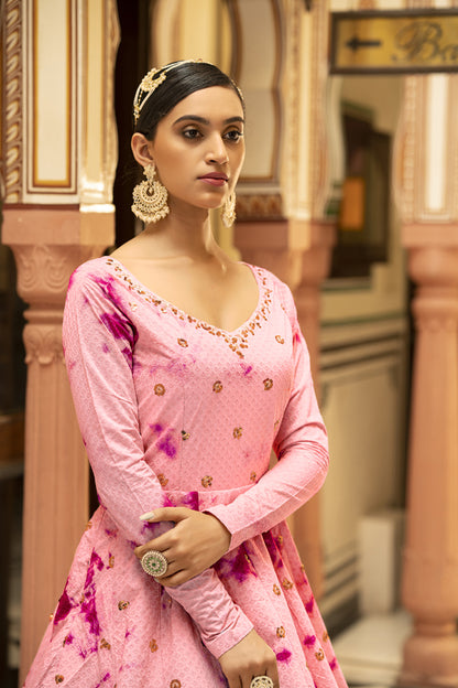 Pink cotton shibori print with sequince embroidered work Gown