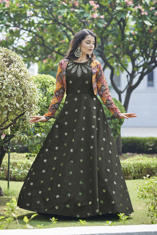 Olive cotton  sequince embroidered work Gown with Koti