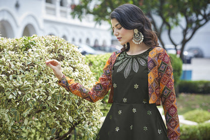 Olive cotton  sequince embroidered work Gown with Koti