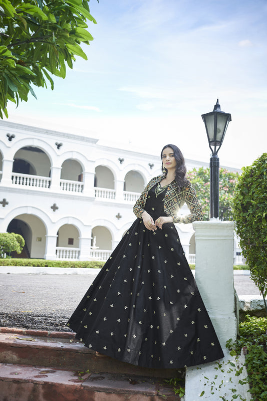Black cotton sequince embroidered work Gown with koti
